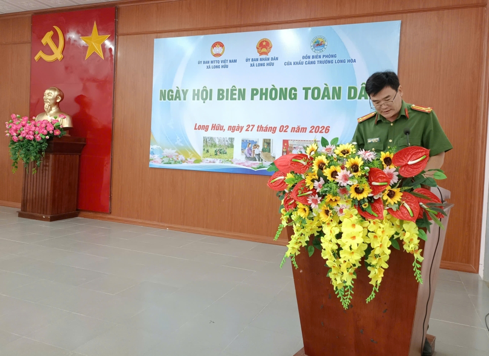 2 Đồng chí Thượng tá Lâm Thanh Châu, Ủy viên Ban Thường vụ Đảng ủy, Trưởng Công an xã phát biểu