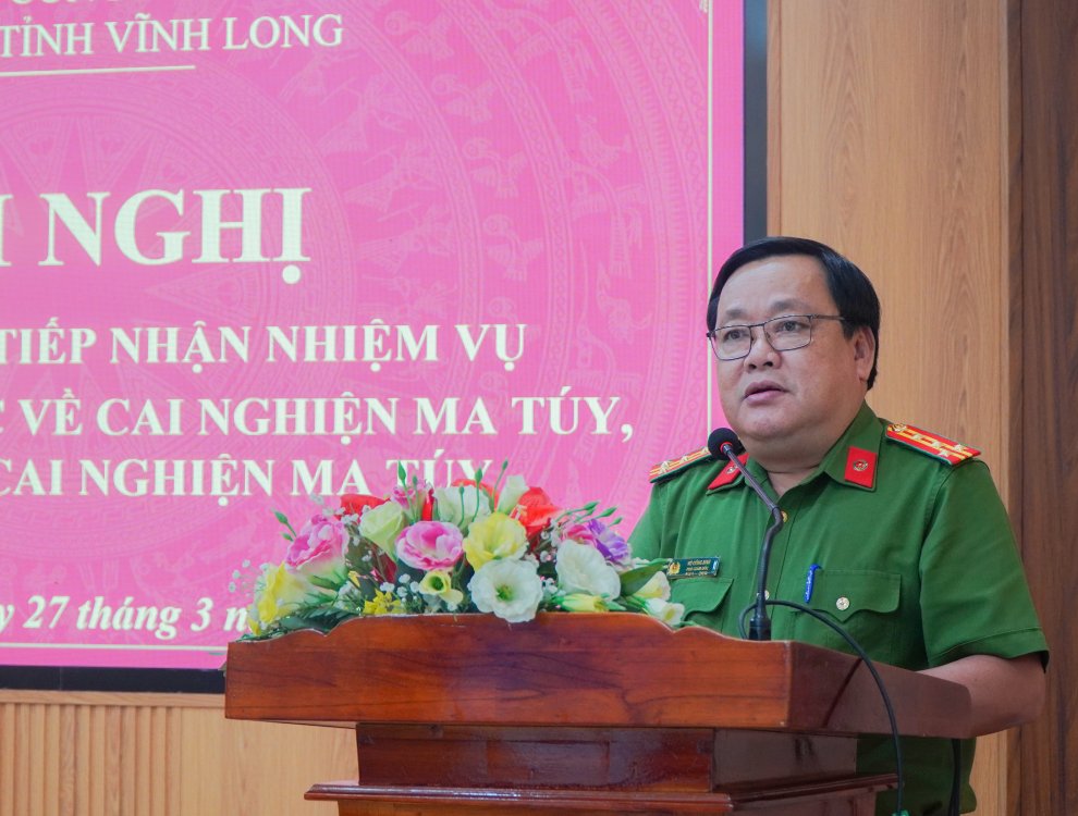 Đại tá Võ Công Bình, Phó Giám đốc Công an tỉnh phát biểu chỉ đạo tại hội nghị