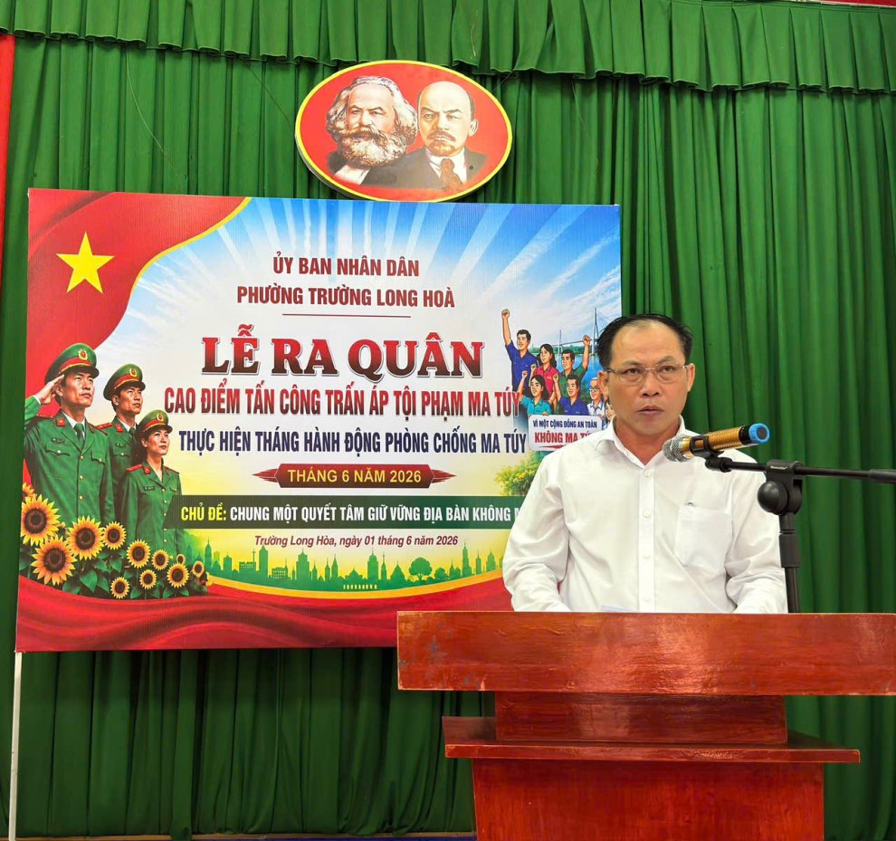 Phường Trường Long Hòa tổ chức Lễ ra quân mít tinh, diễu hành hưởng ứng Tháng hành động phòng, chống ma túy 2026