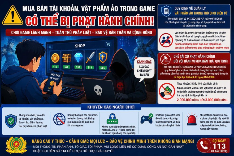 Mua, bán vật phẩm ảo, đơn vị ảo, điểm thưởng trong trò chơi điện tử là vi phạm pháp luật
