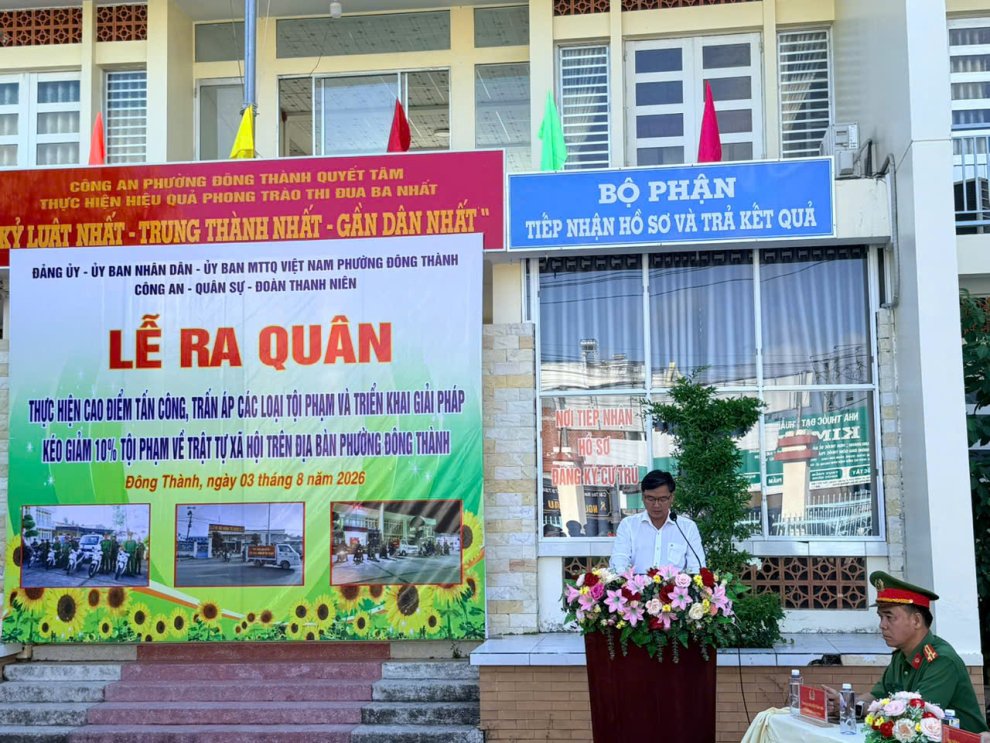 Công an phường Đông Thành ra quân cao điểm tấn công, trấn áp tội phạm và quyết tâm kéo giảm tội phạm về trật tự xã hội
