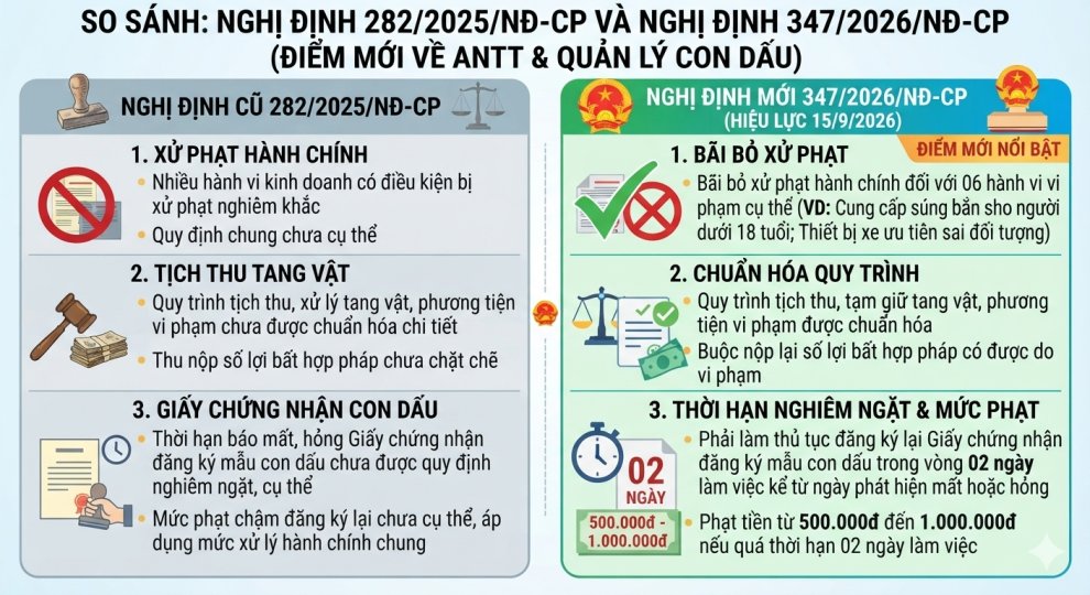 Một số điểm mới về xử phạt vi phạm trong lĩnh vực ngành, nghề kinh doanh có điều kiện về ANTT và con dấu theo nghị định số 347/2026/NĐ-CP