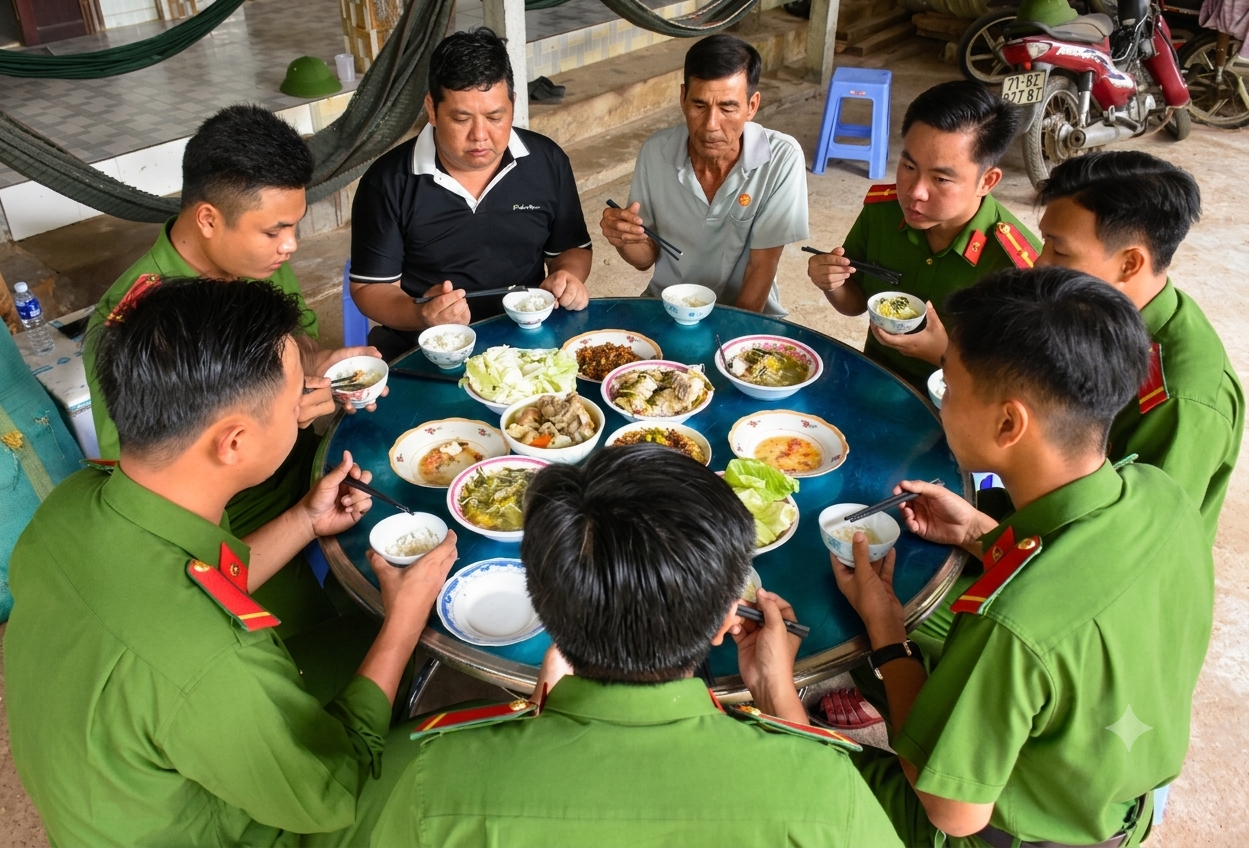 Các chiến sĩ ăn cơm cùng gia đình ông Trung